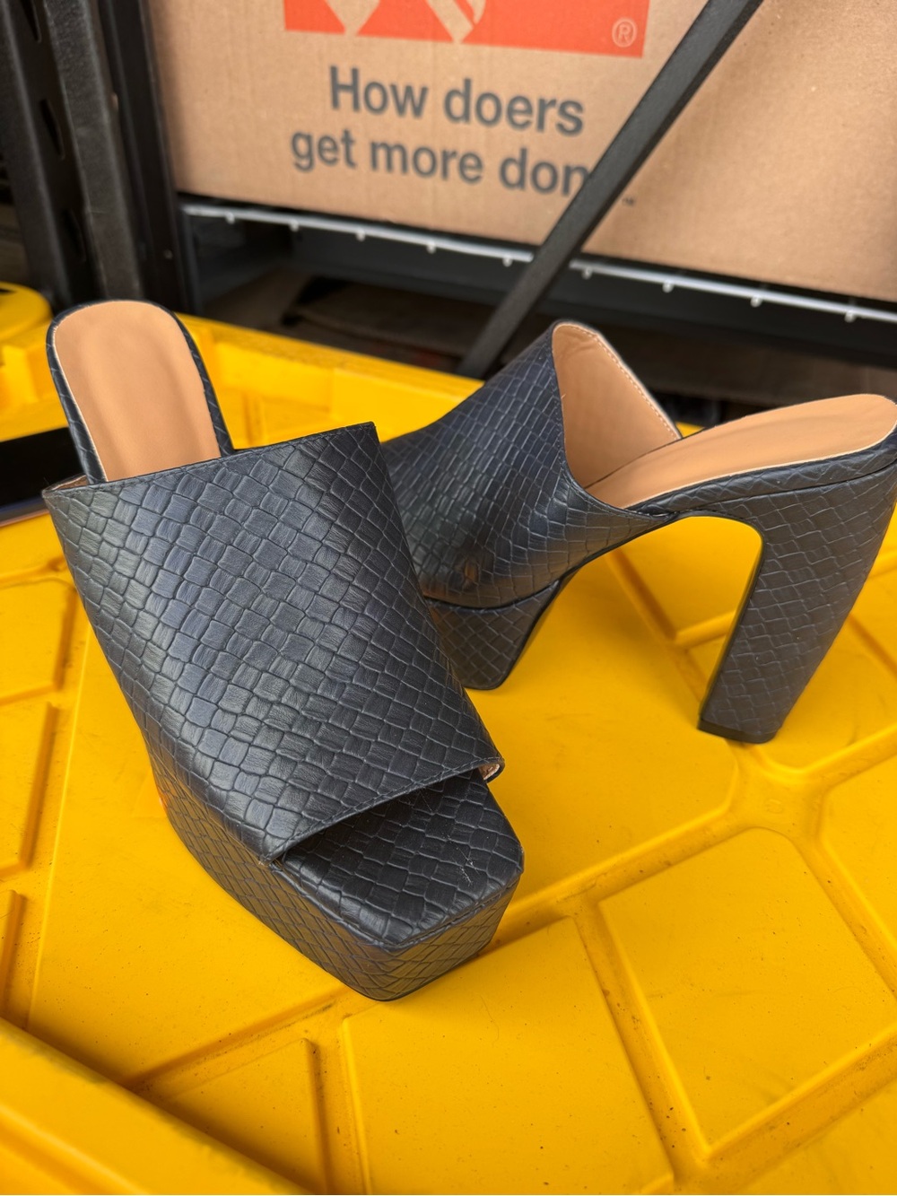 Platform Mule Heels in Black Faux Croc